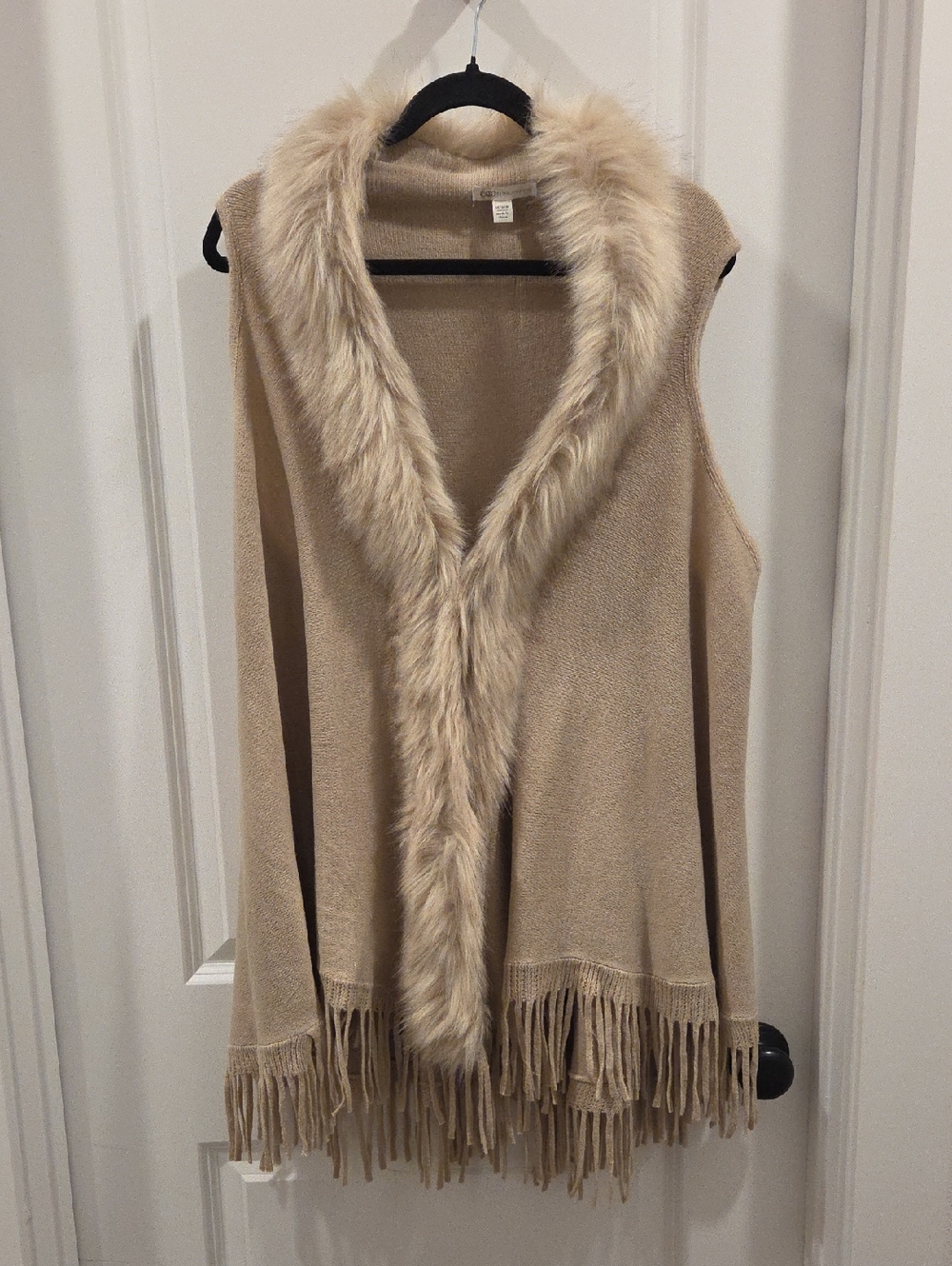 Cato Beige Faux Fur Trim Sleeveless Fringe Sweater Vest